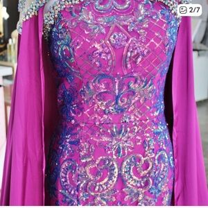 Johnathan Kayne Purple and Red Sequin Cape-Back Prom Gown